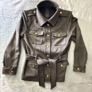 White House Black Market Coat Womens XL Brown Belted Faux Suede Military Buttons